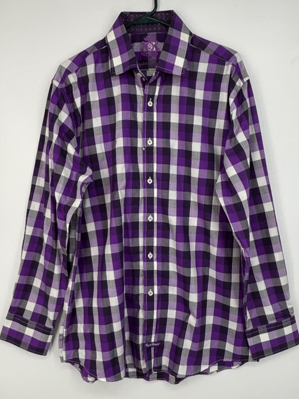 English Laundry Mens 16.5 34/35 Button Front Shirt Purple White Check Cotton
